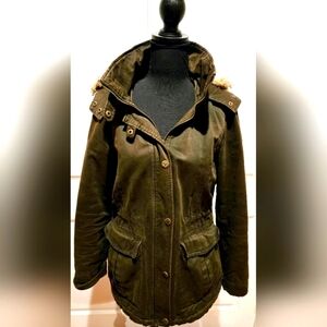 GUESS Y2K Military Zip Up Jacket Faux Fur Hood Army Green Sz Medium